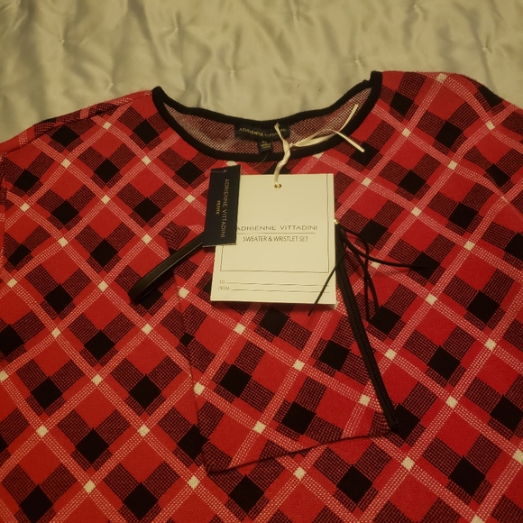 Adrienne Vittadini Christmas Sweater + Wristlet L P Women's Red/Black Plaid - Picture 4 of 8